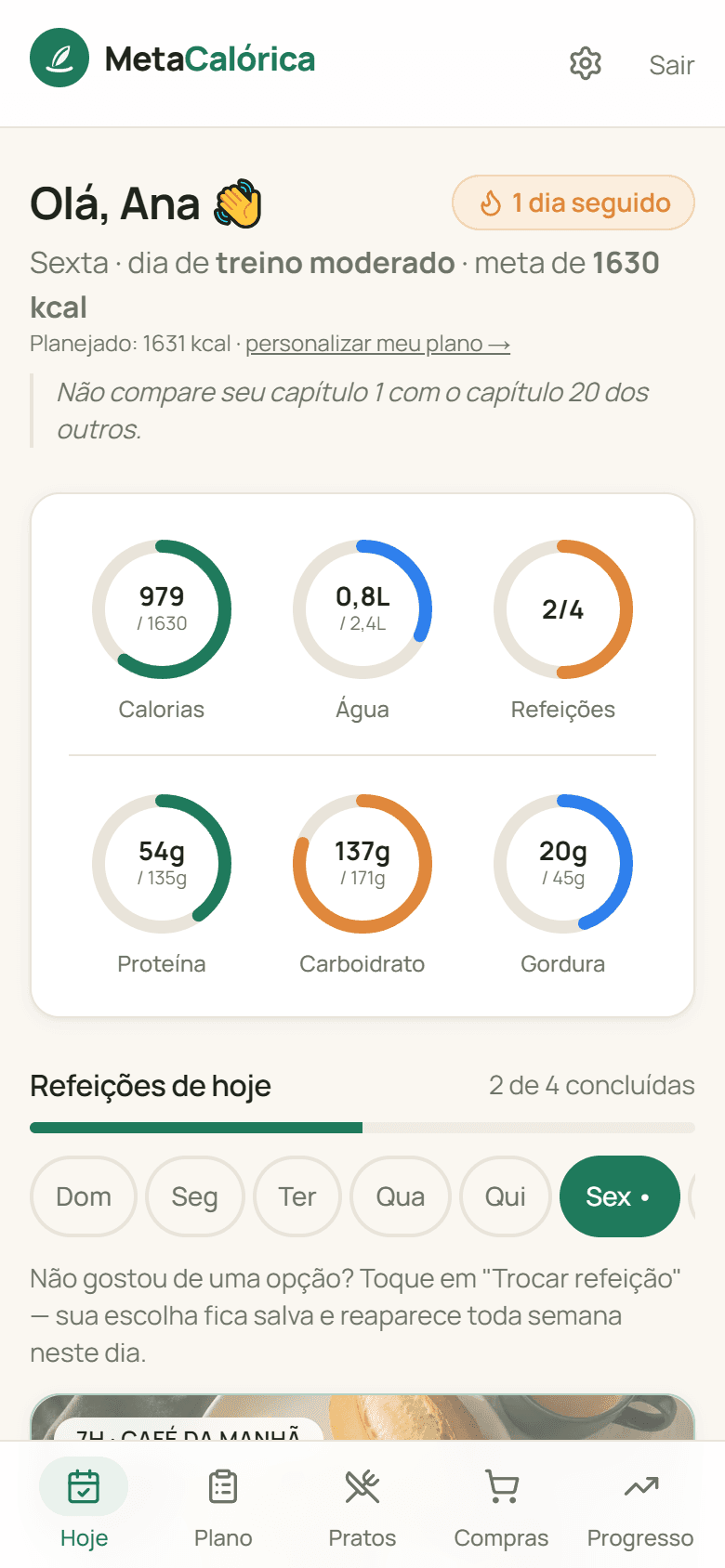 Tela do plano do dia no app Meta Calórica